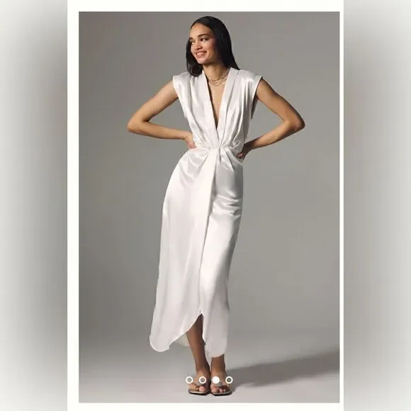 Anthropologie Sleeveless V-Neck Twist-Front Satin Midi Dress Size 0 - Picture 4 of 4